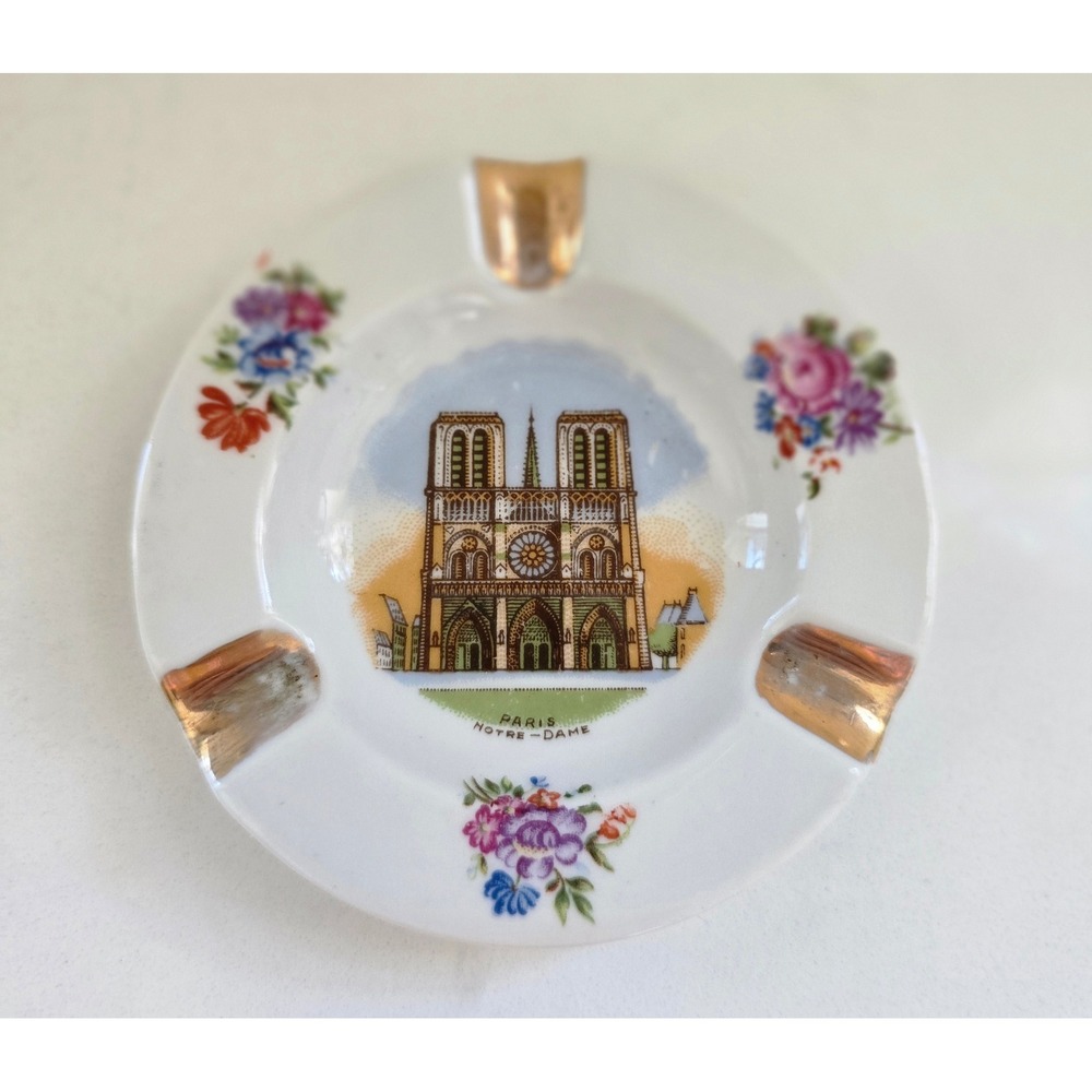 Vintage Limoges France Notre Dame Paris Porcelain Ashtray Gold Gilt Floral